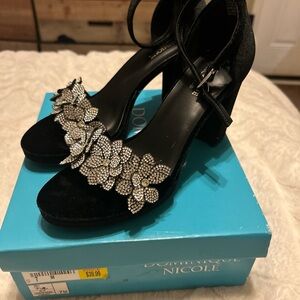 Dominique Black Heels with Silver Floral Accents